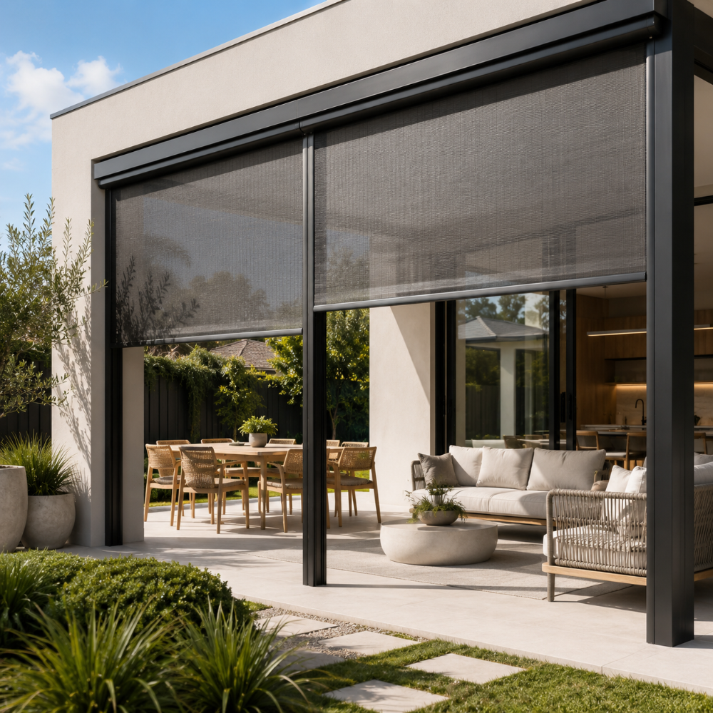 Outdoor motorised roller blinds for Melbourne alfresco area | OpenView